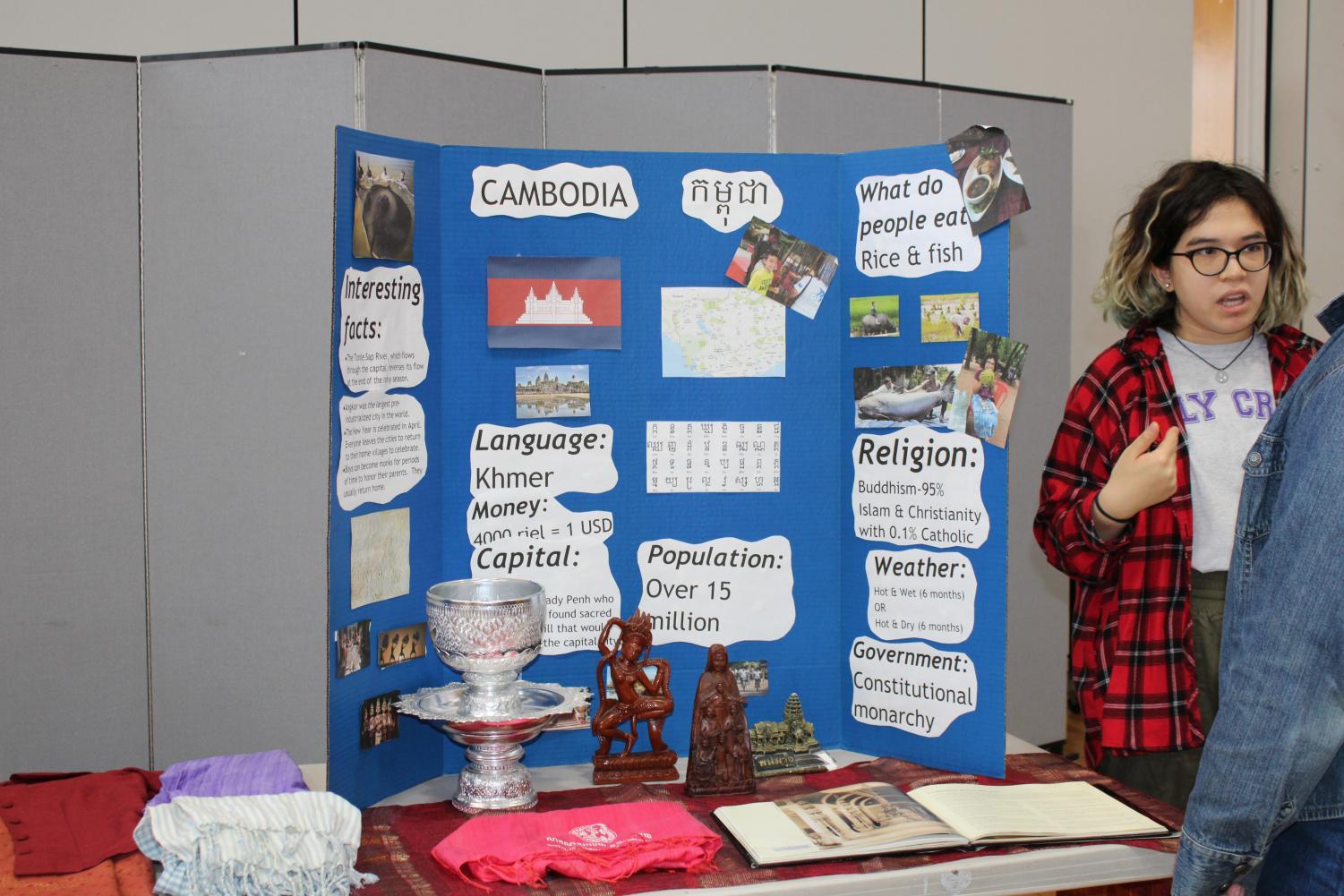 Student Chanda Chung speaks at her exhibit of Cambodia.