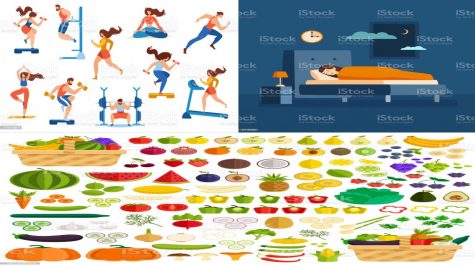 Clipart images of people exercising, a woman sleeping, and fruits and vegetables.