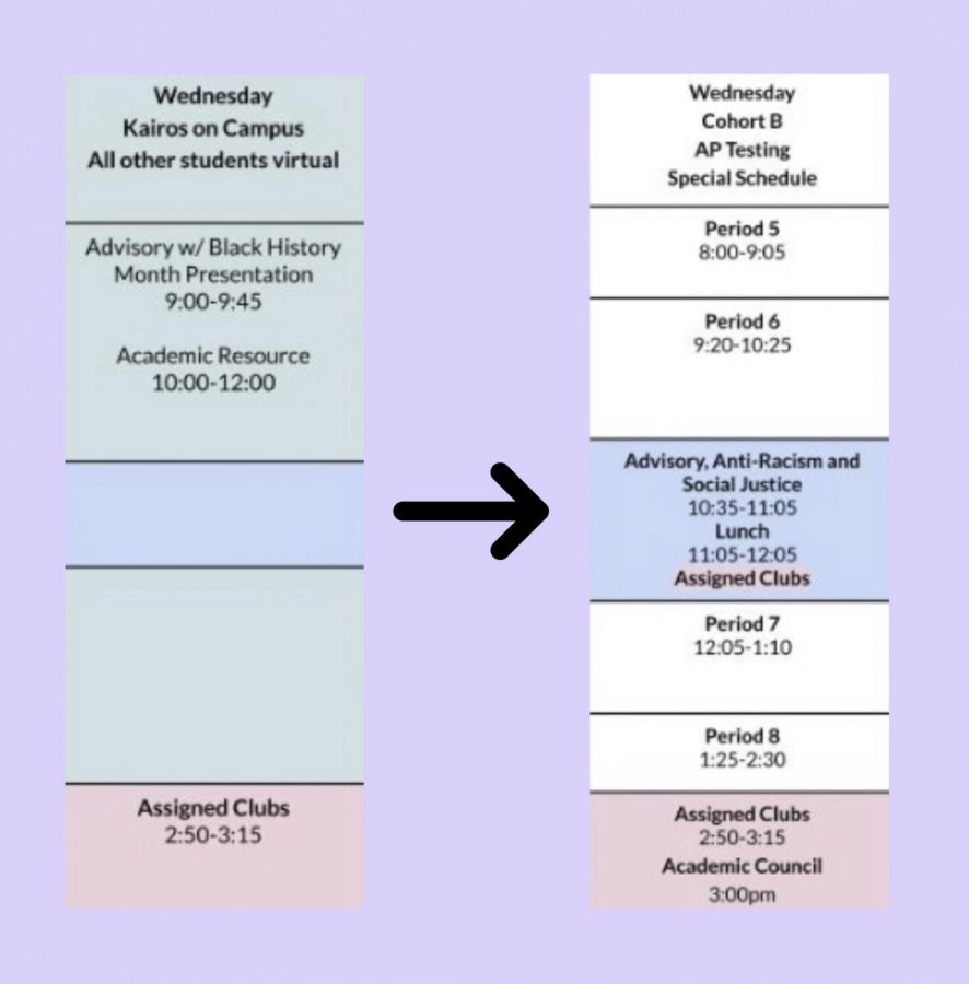 A picture of an asynchronous Wednesday next to a picture of a synchronous Wednesday schedule.