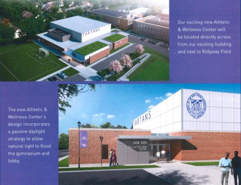 Initial design for the new athletic and wellness center to be built in the field behind the school building.
