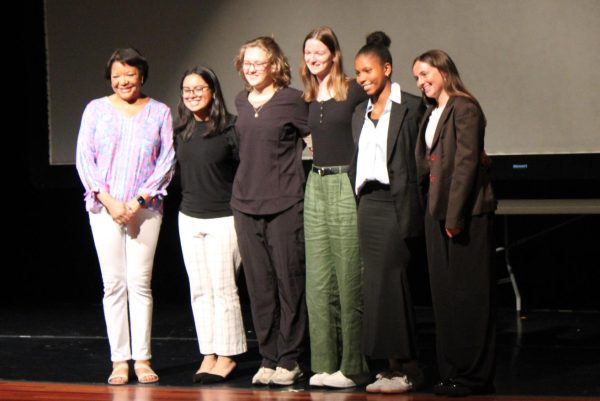 Mrs. Durbin, Gaby Lopez, Zosia Dobosz, Amelia Nelson, Adore Bryant, and Erin Cuddy posed for a photo after presenting their Senior Projects. The seniors worked hard during their internships and were able to share their experience with students and faculty.